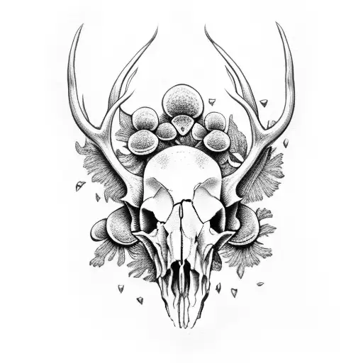 roe deer skull with mushrooms  tattoo design idea