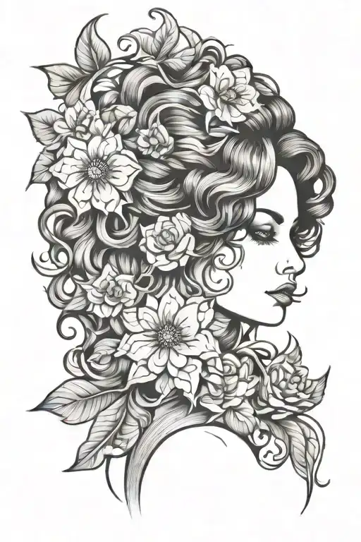 brown haired curly girl femme fatale flowers  tattoo design idea