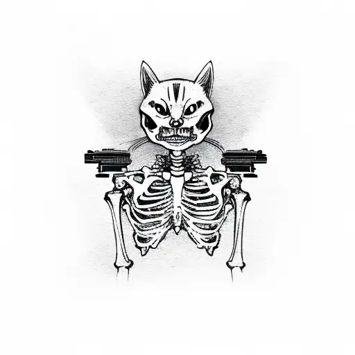 skeleton cat with a gun tattoo design idea