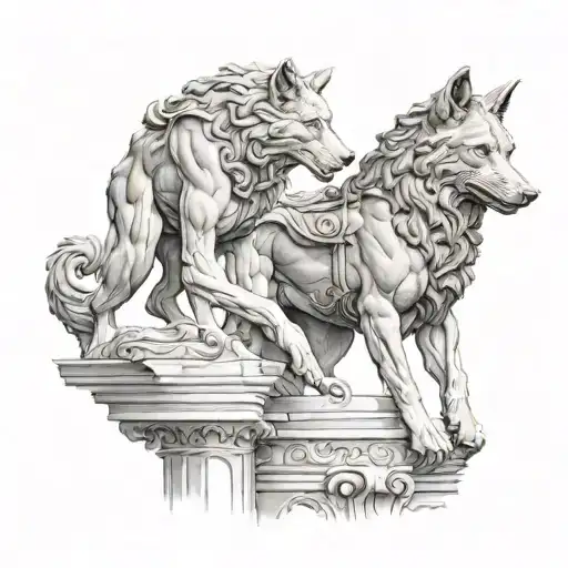 roman sculpture of a man + roman wolf standing tattoo design idea