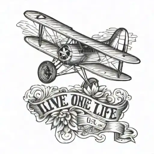 little old  biplane tattoo with text: "I live one life" tattoo design idea