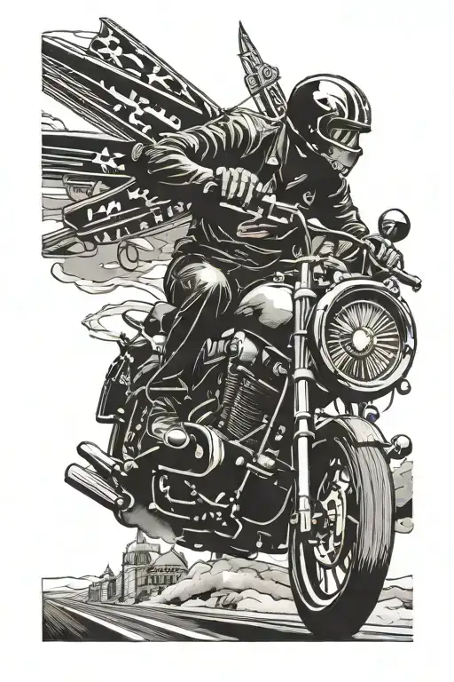 ein harley davidson biker riding on highway with a biplane flying above  tattoo design idea