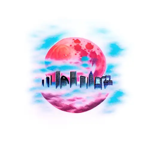 Red moon skyline tattoo design idea