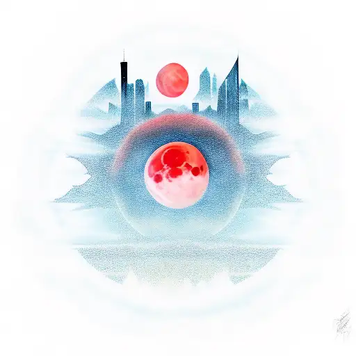 Red moon above skyline tattoo design idea
