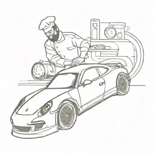 Incorporate the silhouette of a Porsche into a minimalist tattoo of a chef at work tattoo design idea