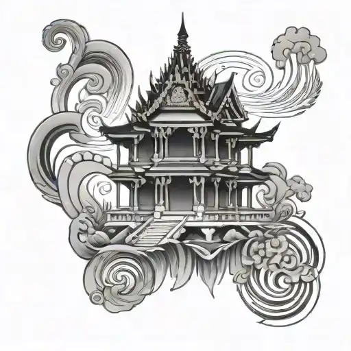 A tattoo design of a traditional Thai temple with sound waves emanating from the roof, symbolizing the harmony between music and culture, with a black-grey color palette for a dramatic effect tattoo design idea