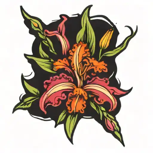 rustic cross and flowers marigold violet lily gladiolus with the marigold being the main flower in the center  tattoo design idea