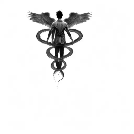 an angel with wings on a black background and two snacks winding around him tattoo design idea