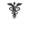 an angel with wings on a black background and two snacks winding around him tattoo design idea