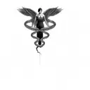 an angel with wings on a black background and two snacks winding around him tattoo design idea
