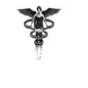 an angel with wings on a black background and two snacks winding around him tattoo design idea