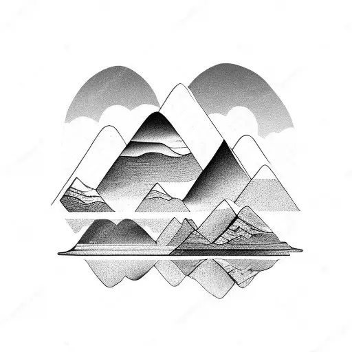 A majestic mountain range reflected in calm water with a wooden canoe floating peacefully tattoo design idea