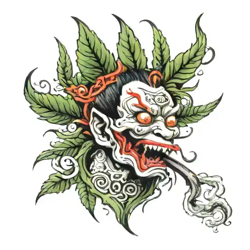with little demons surrounding the head smoking marijuana tattoo design idea