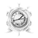 A realistic clock with Roman numerals surrounded by a vibrant rose garden tattoo design idea