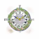 A realistic clock with Roman numerals surrounded by a vibrant rose garden tattoo design idea