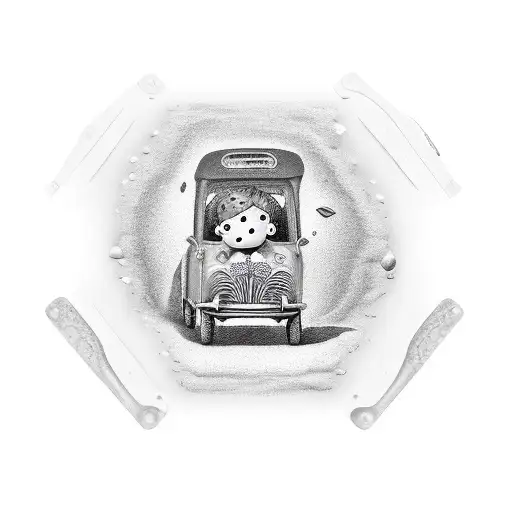 hombre sentado en el techo de mini van estacionada al borde de la playa, en la arena está una mujer jugando con un niño tattoo design idea