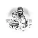 hombre sentado en el techo de mini van estacionada al borde de la playa, en la arena está una mujer jugando con un niño tattoo design idea