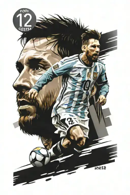 half of lionel messi's face from the front, and the other half the world cup with the date "12-18-22" tattoo design idea