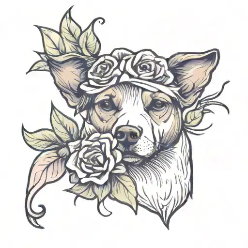 a drawing of a dog with a flower on its head, tattoo design, medium sized tattoo sketch, sharp linework, tattoo design s tattoo design idea