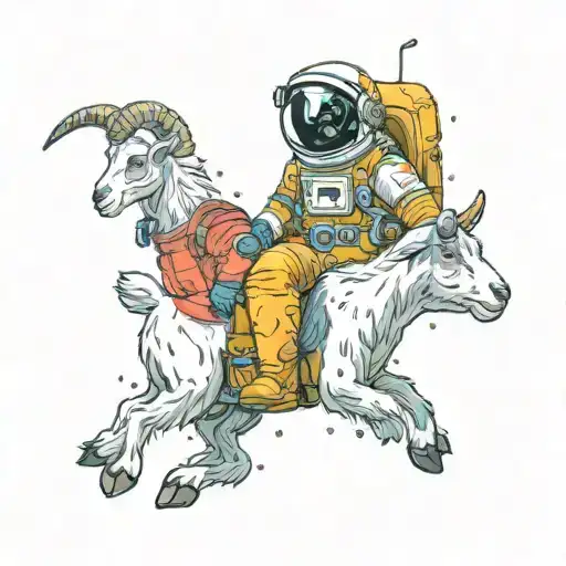 goat and astronaut floating in space tattoo design idea