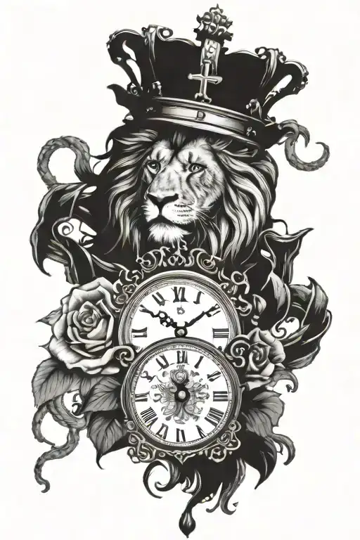 Crown, lion, and time clock tattoo design idea
