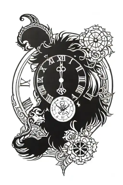 lion  and time clock tattoo design idea