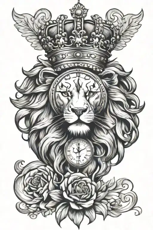 Crown lion head and clock face tattoo design idea