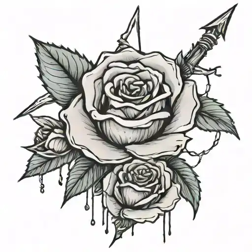 generate a tattoo of a rose sht by an arrow whilst bleeding and wraped in barbed wire tattoo design idea