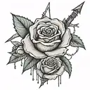 generate a tattoo of a rose sht by an arrow whilst bleeding and wraped in barbed wire tattoo design idea