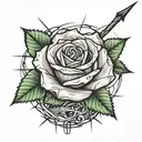 generate a tattoo of a rose sht by an arrow whilst bleeding and wraped in barbed wire tattoo design idea