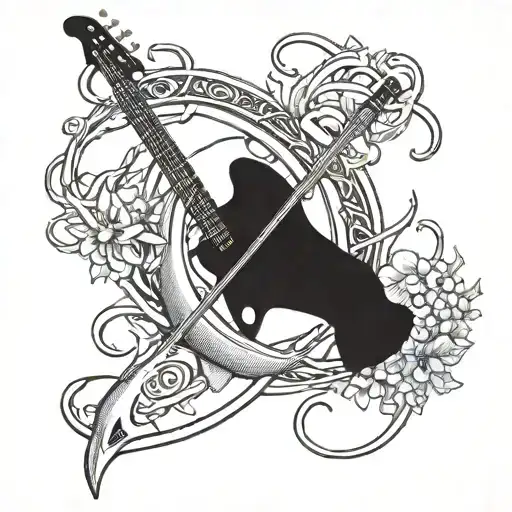 bullet and antlers fishing line and bass guitar tattoo design idea