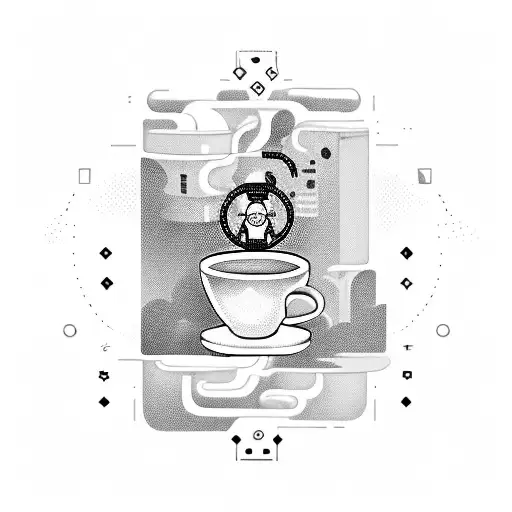 A steaming cup of coffee with a pixelated controller and a coding symbol intertwined in the steam tattoo design idea