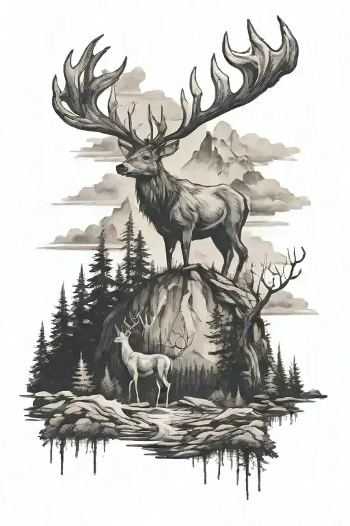 forest, deer, mountain landscape tattoo design idea