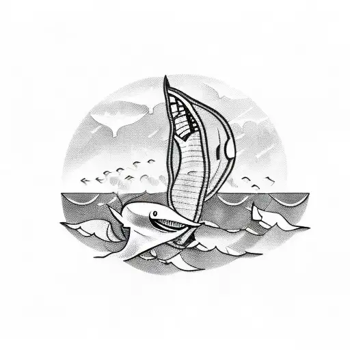 A blackwork tattoo of a fishing boat sailing towards a giant shark fin emerging from the water tattoo design idea