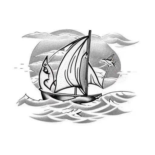 A blackwork tattoo of a fishing boat sailing towards a giant shark fin emerging from the water tattoo design idea
