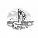 A blackwork tattoo of a fishing boat sailing towards a giant shark fin emerging from the water tattoo design idea