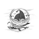 A blackwork tattoo of a fishing boat sailing towards a giant shark fin emerging from the water tattoo design idea