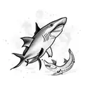 A blackwork tattoo of a fishing boat sailing towards a giant shark fin emerging from the water tattoo design idea