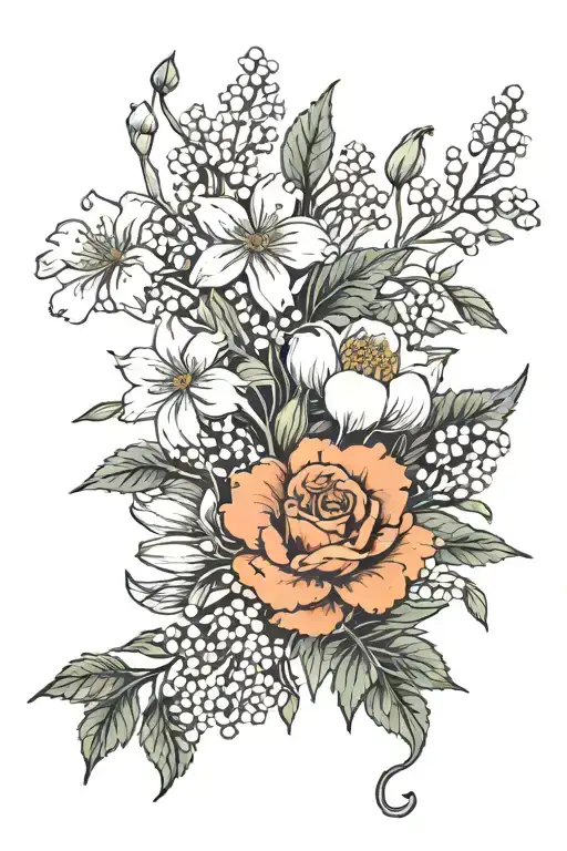 marigolds, cosmos, rose, honeysuckle, lily of the valley, hawthorn, daisies and sweet peas tattoo design idea