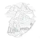 A sketch-style design featuring iconic elements from Yosemite, Bryce Canyon, Zion, Joshua Tree, Smokey Mountains, and the Blueridge Mountains tattoo design idea