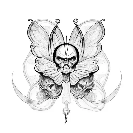 butterfly in the old school style in the middle of which a frightened human skull is depicted tattoo design idea