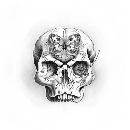 butterfly in the old school style in the middle of which a frightened human skull is depicted tattoo design idea