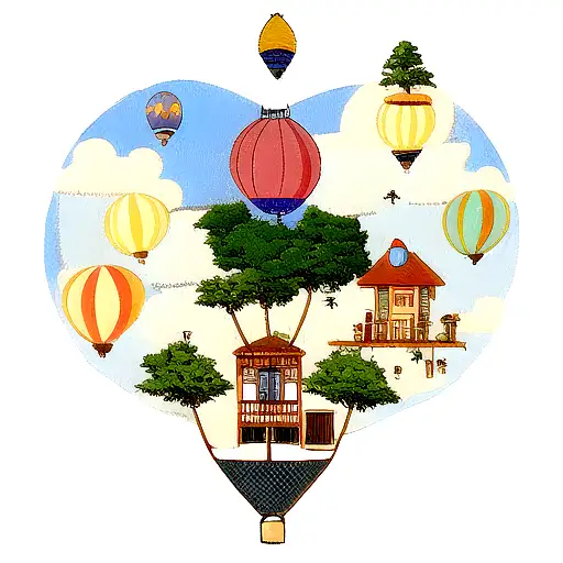 pine tree with hot air balloon and a house  tattoo design idea