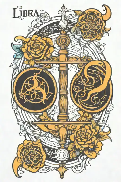 libra Pisces Scorpio Aquarius symbol lined up with flowers around them tattoo design idea