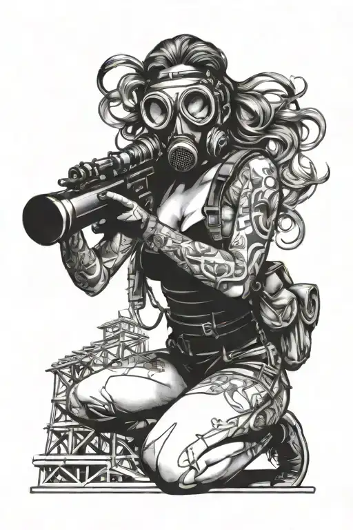 Sexy woman with gas mask, gun in hand and roller coaster in background tattoo design idea
