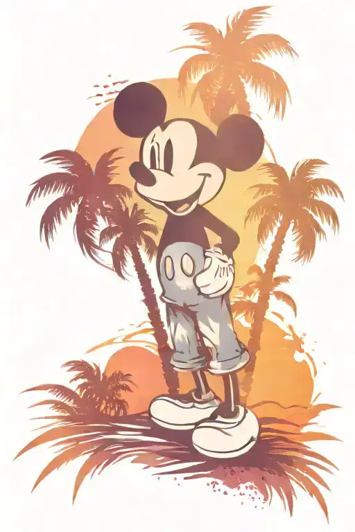 palm tree with mickey mouse sunset background tattoo design idea
