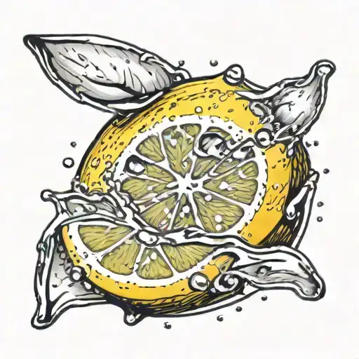 a finger going inside a lemon with water drops on the bottom side tattoo design idea