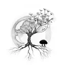 tree of life with a moon mantis buffalo and a dandelion  tattoo design idea