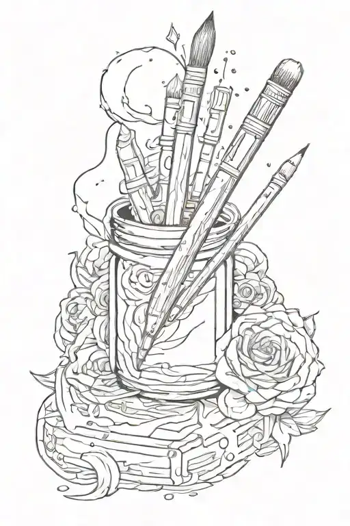 a small patch that holds a pencil, a brush, and a digital pencil tattoo design idea