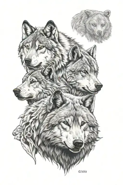 A realistic portrait of a wolf and bear in a black-grey style tattoo design idea